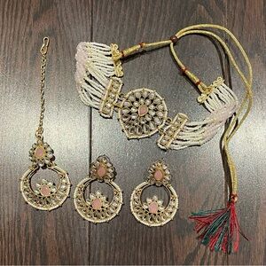NIP Indian Wedding Bridal Gold and Pink Beaded Jewelry Set